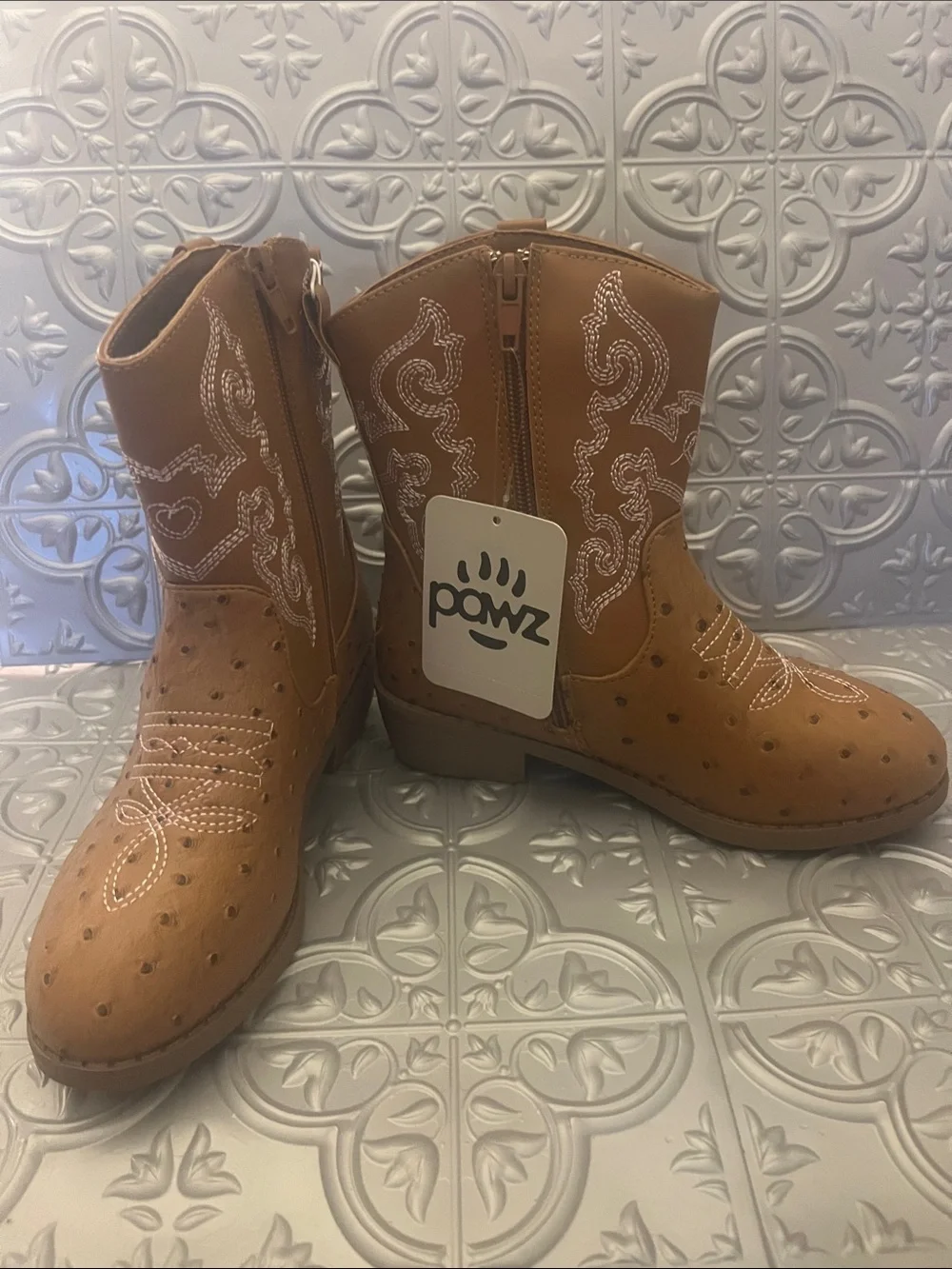 PAWZ Kids Tan Western Cowboy Boots with White Stitching